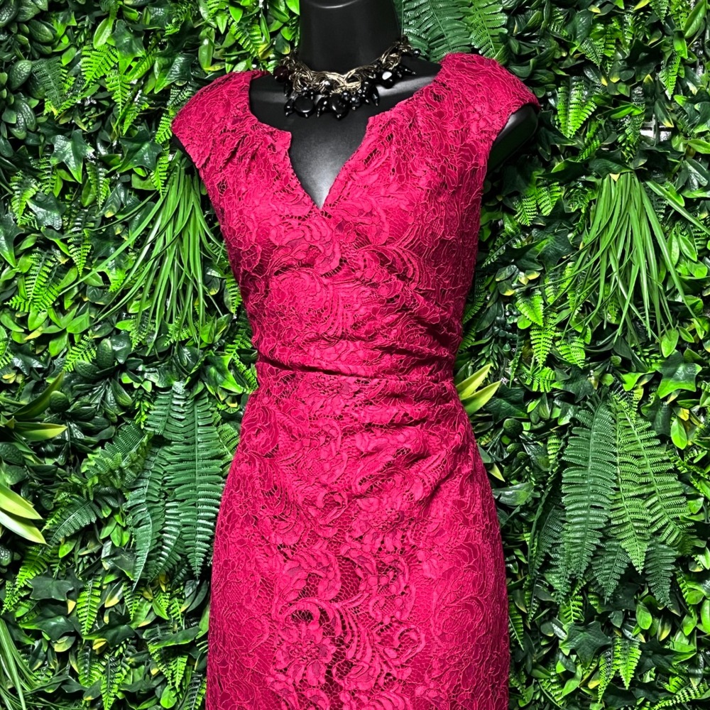 Adrianna Papell Wine Red Dress Size 8 Floral Lace Ruched V-Neck Sheath 4162 - Picture 6 of 8